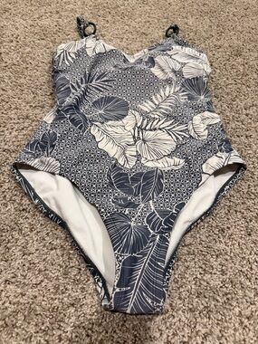 Kona Sol Navy and White Tropical Leaf One-Piece Swimsuit